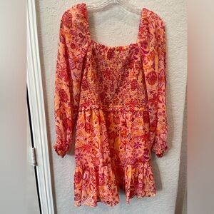 1 STATE NWT Orange/Pink Floral Mini Baby doll Dress-  Size: Large